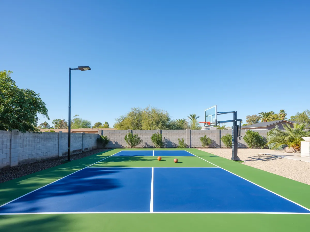 An outdoor basketball court is surrounded by lush greenery, featuring a basketball hoop and several basketballs ready for play. The open sky and vibrant landscape highlight an inviting, active atmosphere ideal for group sports and friendly competition.