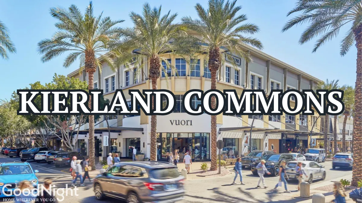 A lively streetscape capturing palm-lined shopping and dining areas, with people walking among vibrant storefronts and cars parked nearby. The scene conveys an energetic, urban atmosphere ideal for exploring Scottsdale's premier retail and culinary hotspots.