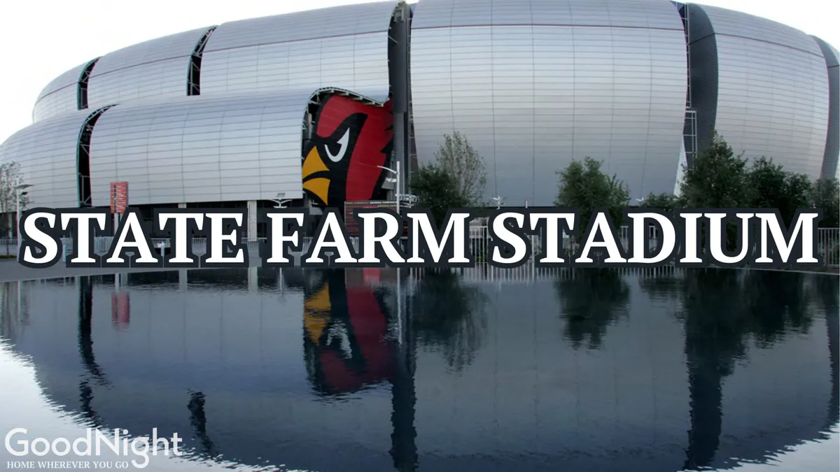 State Farm Stadium stands majestically with a reflective water surface and lush greenery in the foreground. The stadium's modern design and iconic presence evoke the excitement of professional sports events nearby.